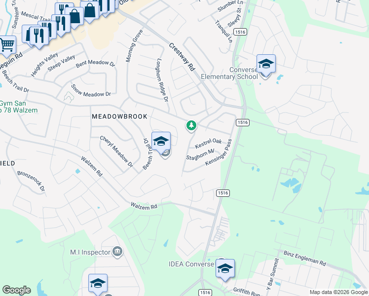 map of restaurants, bars, coffee shops, grocery stores, and more near 8106 Easy Meadow Drive in Converse