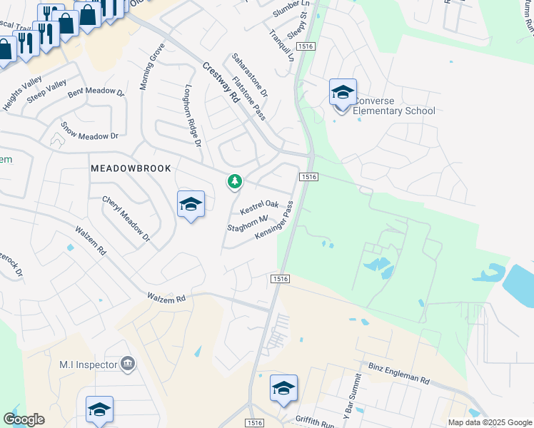map of restaurants, bars, coffee shops, grocery stores, and more near 8875 Staghorn Mill in Converse