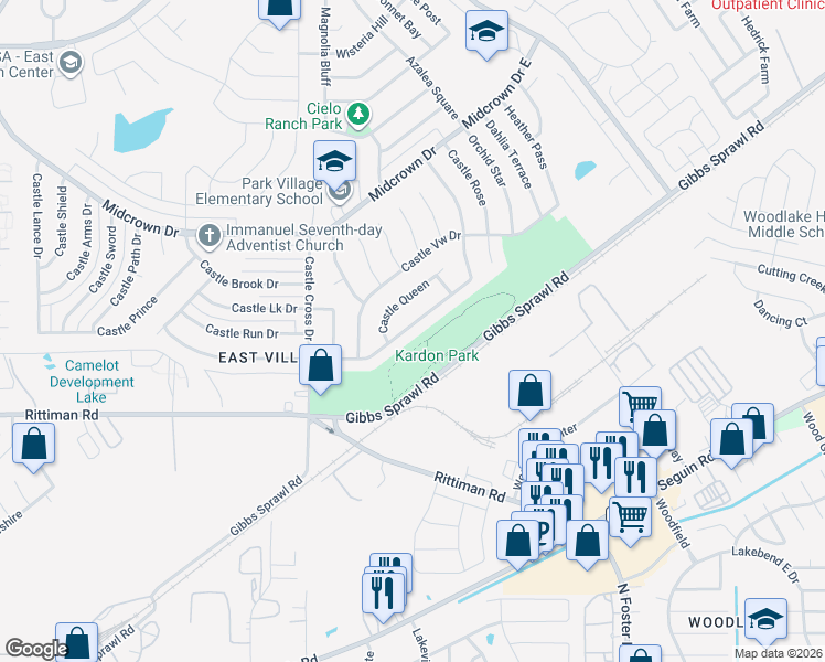 map of restaurants, bars, coffee shops, grocery stores, and more near 6022 Castle Hunt in San Antonio