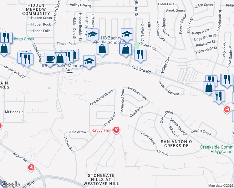 map of restaurants, bars, coffee shops, grocery stores, and more near 5302 Roan Brook in San Antonio