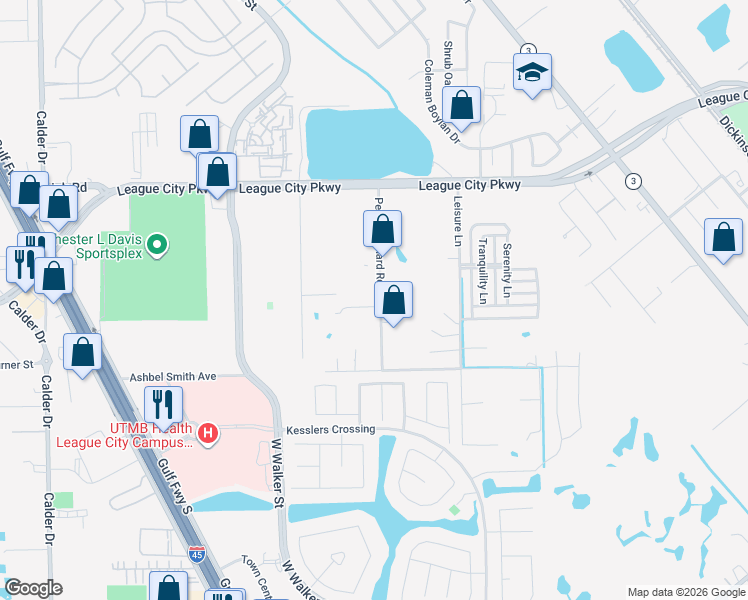 map of restaurants, bars, coffee shops, grocery stores, and more near 2121 Pecan Orchard Road in League City