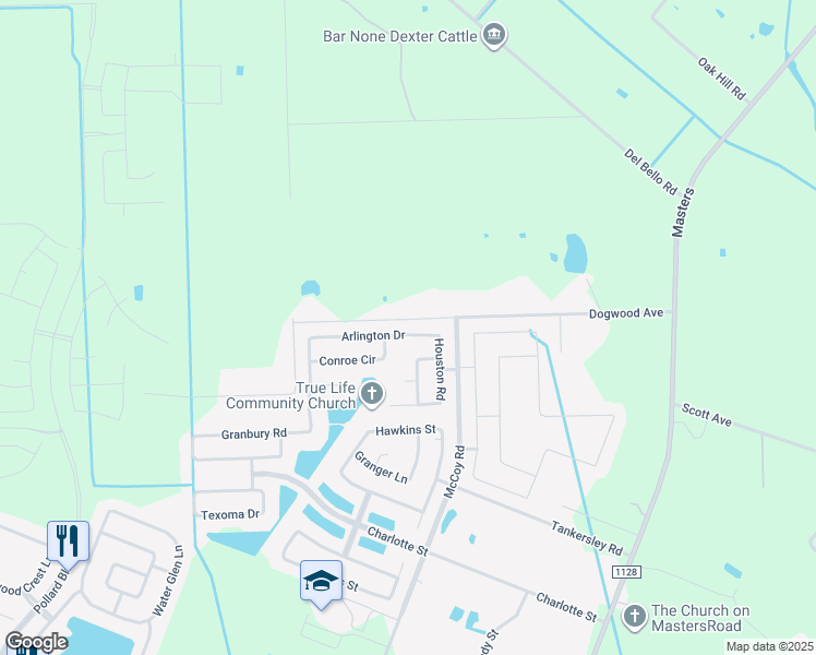 map of restaurants, bars, coffee shops, grocery stores, and more near 6815 Arlington Drive in Manvel
