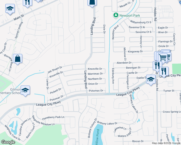 map of restaurants, bars, coffee shops, grocery stores, and more near 2532 Merrimac Drive in League City