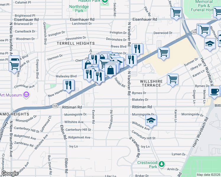 map of restaurants, bars, coffee shops, grocery stores, and more near 1246 Austin Highway in San Antonio