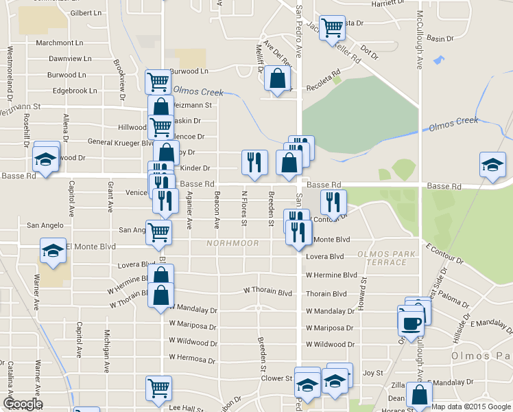 map of restaurants, bars, coffee shops, grocery stores, and more near 222 La Manda Boulevard in San Antonio