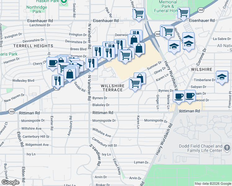 map of restaurants, bars, coffee shops, grocery stores, and more near 422 Olney Drive in San Antonio