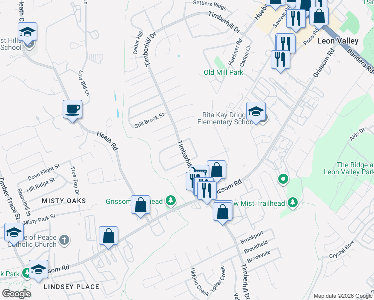 map of restaurants, bars, coffee shops, grocery stores, and more near 5715 Timber Bend in San Antonio