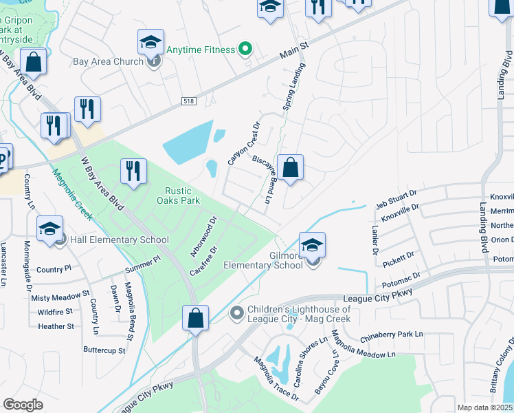 map of restaurants, bars, coffee shops, grocery stores, and more near 4430 Waverly Canyon Lane in League City
