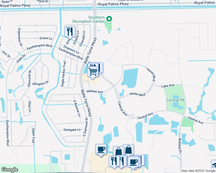 map of restaurants, bars, coffee shops, grocery stores, and more near 27 Market Avenue in Palm Coast