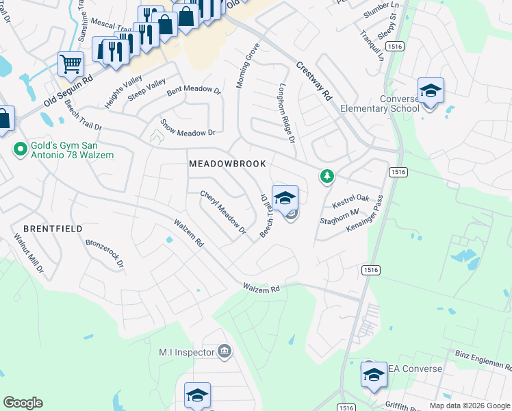 map of restaurants, bars, coffee shops, grocery stores, and more near 8127 Chestnut Barr Drive in Converse