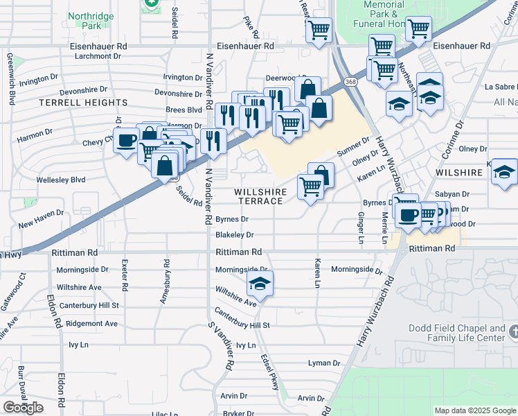 map of restaurants, bars, coffee shops, grocery stores, and more near 422 Olney Drive in San Antonio