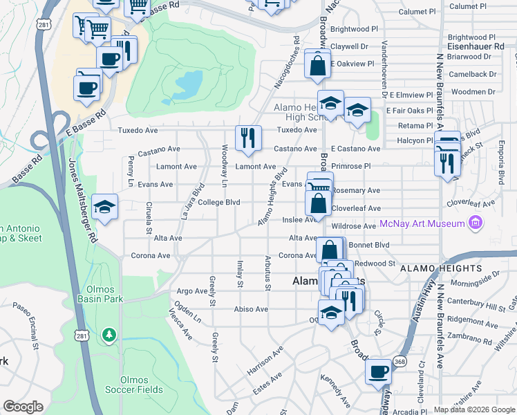 map of restaurants, bars, coffee shops, grocery stores, and more near 316 College Boulevard in San Antonio