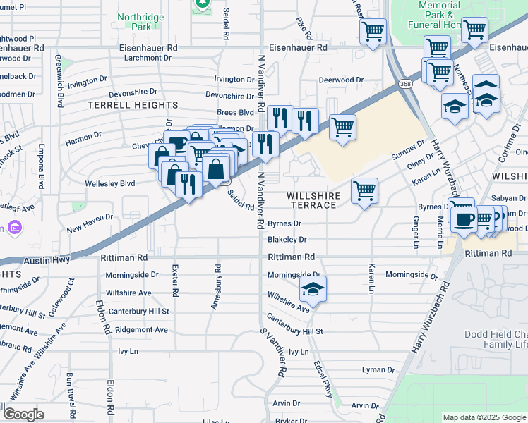 map of restaurants, bars, coffee shops, grocery stores, and more near 300 Olney Drive in San Antonio