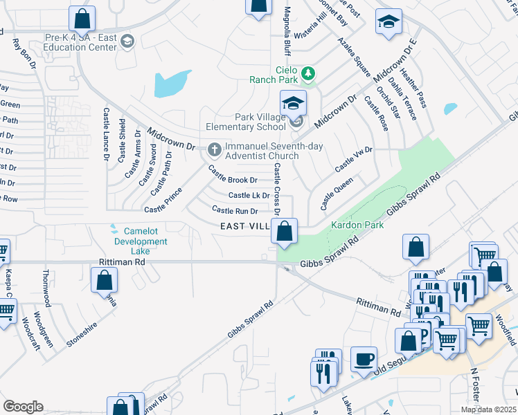map of restaurants, bars, coffee shops, grocery stores, and more near 5875 Castle Run in San Antonio