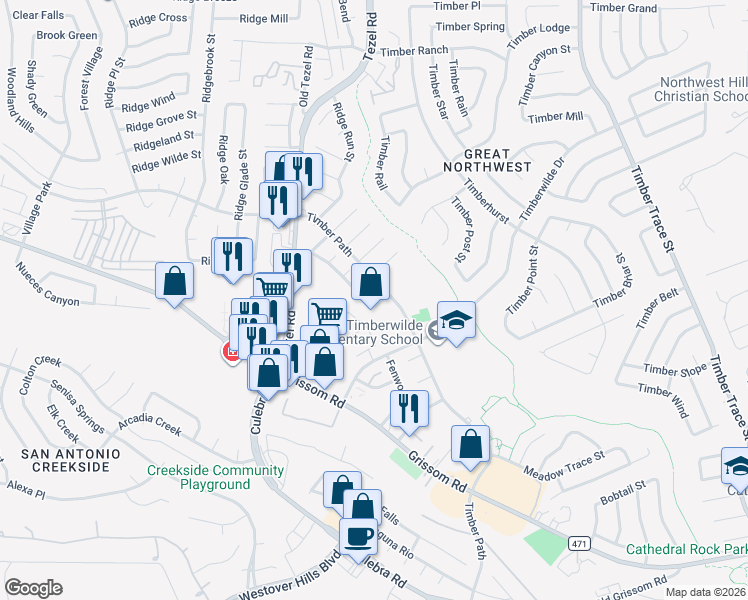 map of restaurants, bars, coffee shops, grocery stores, and more near 8915 Timber Run in San Antonio