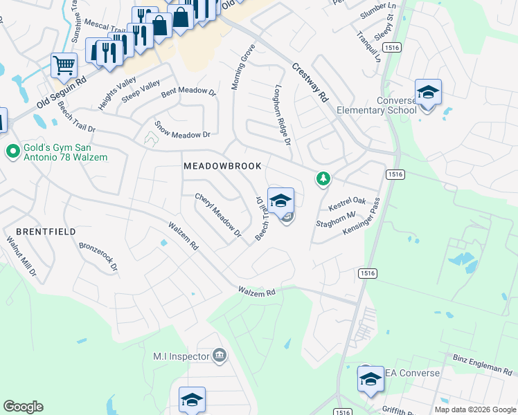 map of restaurants, bars, coffee shops, grocery stores, and more near 6402 Beech Trail Drive in Converse