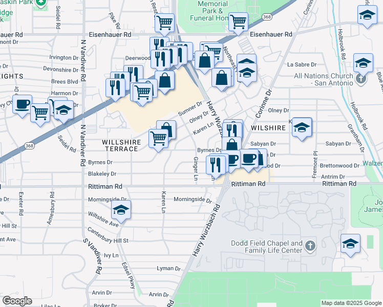 map of restaurants, bars, coffee shops, grocery stores, and more near 626 Byrnes Drive in San Antonio