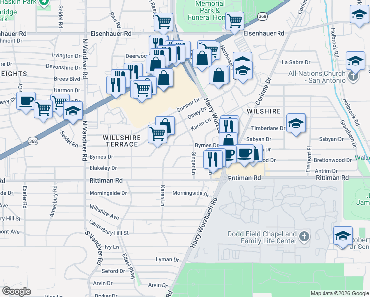 map of restaurants, bars, coffee shops, grocery stores, and more near 626 Byrnes Drive in San Antonio
