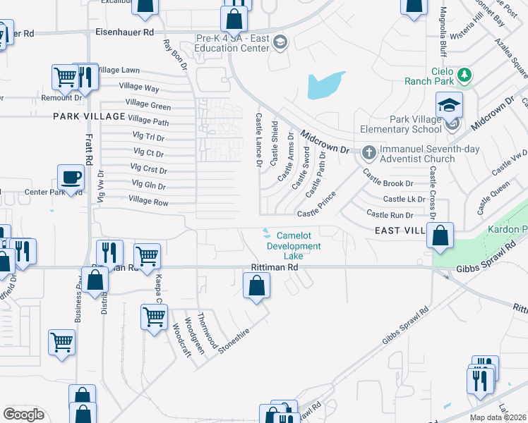 map of restaurants, bars, coffee shops, grocery stores, and more near 4722 Castle Lance in San Antonio