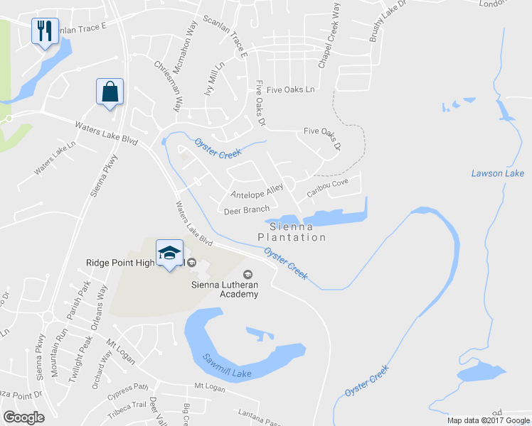 map of restaurants, bars, coffee shops, grocery stores, and more near 10442 Deer Branch in Missouri City