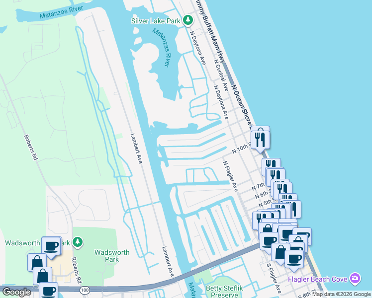 map of restaurants, bars, coffee shops, grocery stores, and more near 334 North 11th Street in Flagler Beach