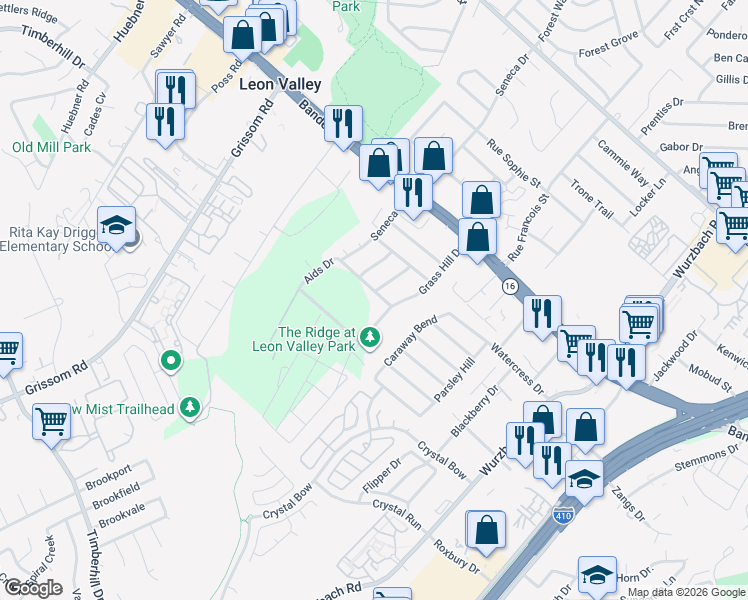 map of restaurants, bars, coffee shops, grocery stores, and more near 6406 William Rancher Road in San Antonio