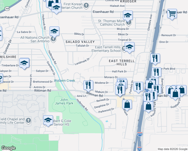 map of restaurants, bars, coffee shops, grocery stores, and more near 4115 Monaco Drive in San Antonio