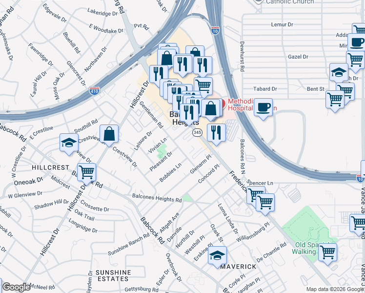 map of restaurants, bars, coffee shops, grocery stores, and more near 529 Gentleman Road in Balcones Heights