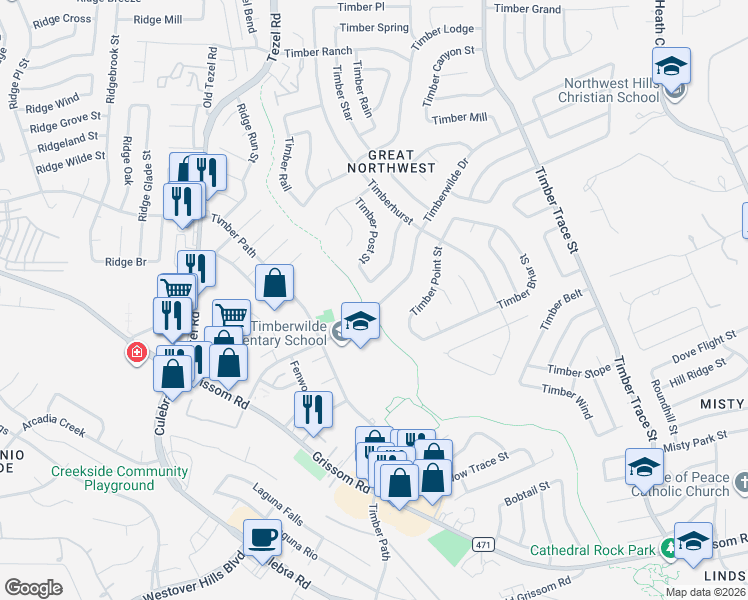 map of restaurants, bars, coffee shops, grocery stores, and more near 8759 Timberwilde Street in San Antonio