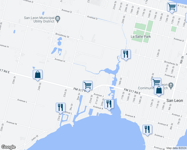 map of restaurants, bars, coffee shops, grocery stores, and more near 830 22nd Street in San Leon