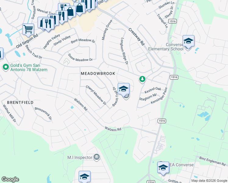 map of restaurants, bars, coffee shops, grocery stores, and more near 6402 Beech Trail Drive in Converse