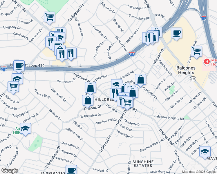 map of restaurants, bars, coffee shops, grocery stores, and more near 623 Crestview Drive in San Antonio