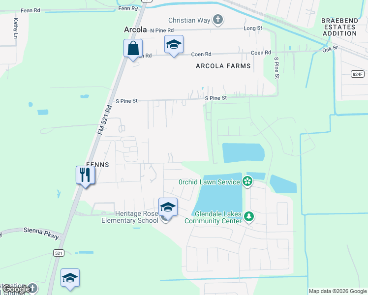 map of restaurants, bars, coffee shops, grocery stores, and more near 603 Howell Street in Rosharon