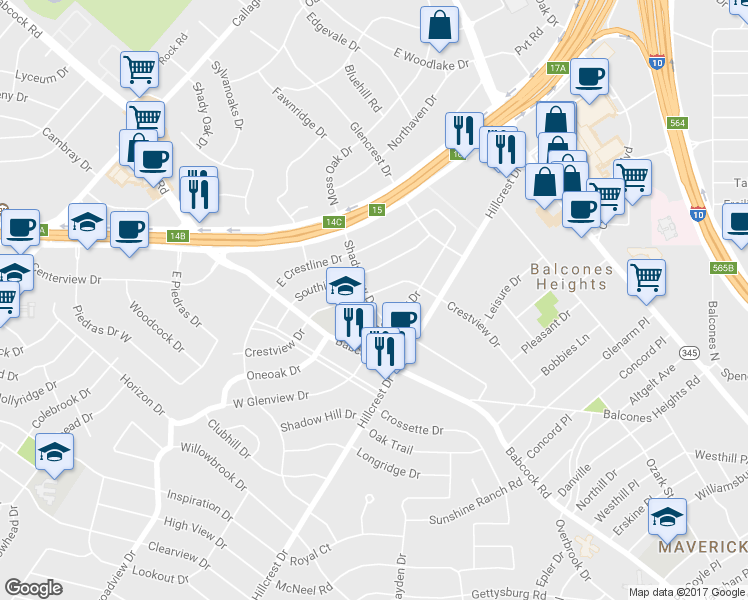 map of restaurants, bars, coffee shops, grocery stores, and more near 538 Crestview Drive in San Antonio