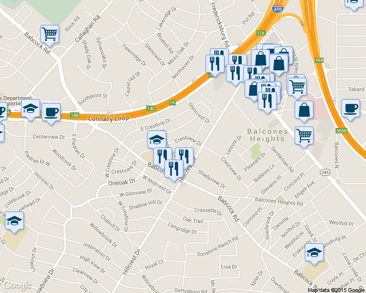 map of restaurants, bars, coffee shops, grocery stores, and more near 215 East Glenview Drive in San Antonio