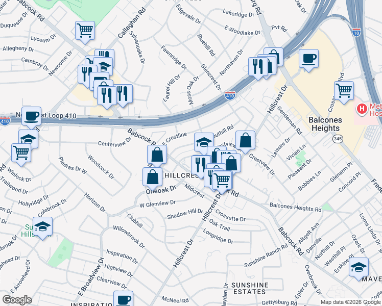 map of restaurants, bars, coffee shops, grocery stores, and more near 623 Crestview Drive in San Antonio