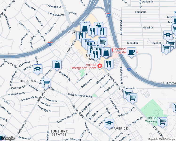 map of restaurants, bars, coffee shops, grocery stores, and more near 529 Gentleman Road in Balcones Heights