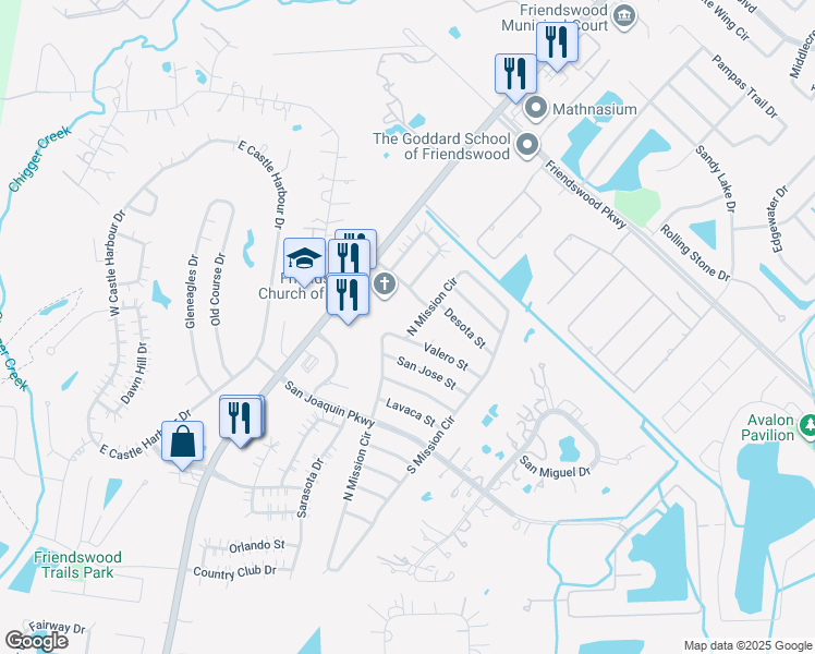 map of restaurants, bars, coffee shops, grocery stores, and more near 2108 North Mission Circle in Friendswood
