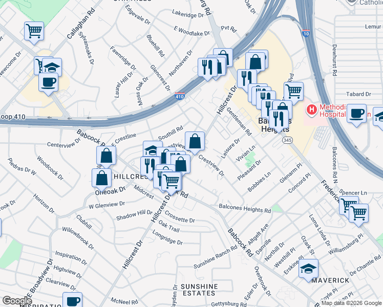 map of restaurants, bars, coffee shops, grocery stores, and more near 2935 Hillcrest Drive in San Antonio