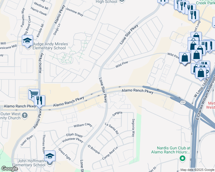 map of restaurants, bars, coffee shops, grocery stores, and more near 5514 Lone Star Parkway in San Antonio