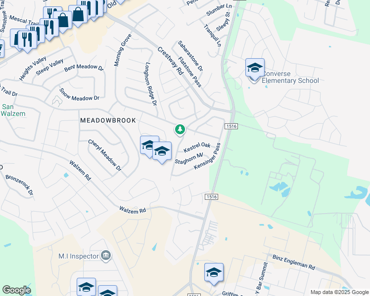 map of restaurants, bars, coffee shops, grocery stores, and more near 8819 Kestrel Oak in Converse