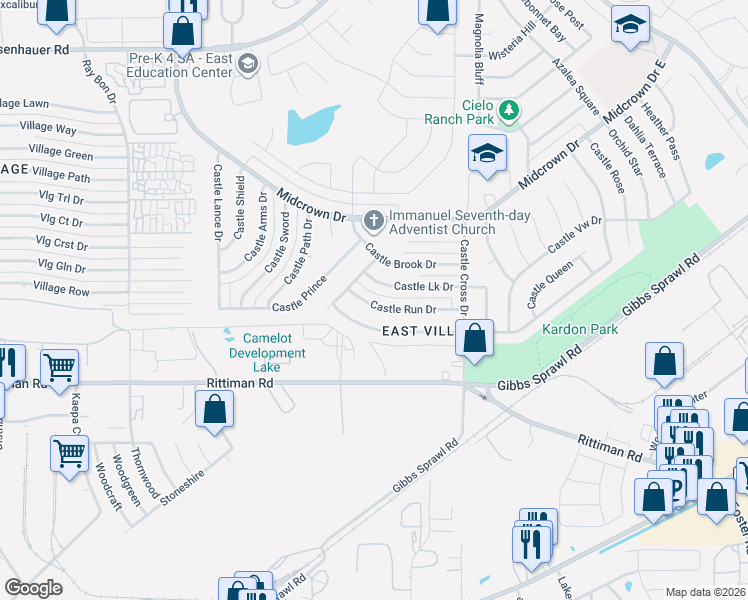map of restaurants, bars, coffee shops, grocery stores, and more near 5818 Castle Run in San Antonio