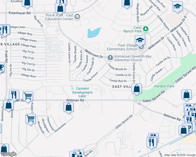 map of restaurants, bars, coffee shops, grocery stores, and more near 5802 Castle Hunt in San Antonio