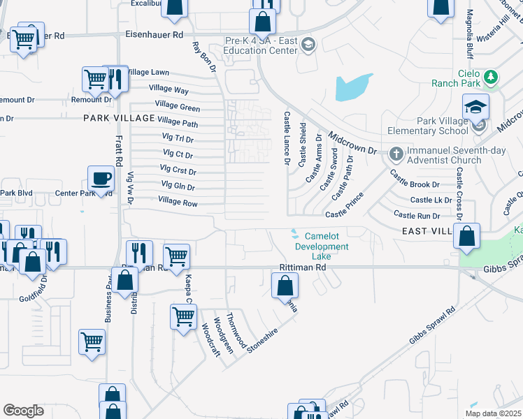 map of restaurants, bars, coffee shops, grocery stores, and more near 5255 Village Haven in San Antonio