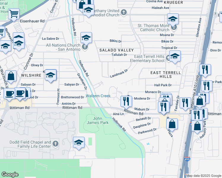 map of restaurants, bars, coffee shops, grocery stores, and more near 6318 Queens Castle Drive in San Antonio