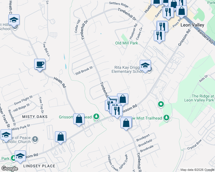 map of restaurants, bars, coffee shops, grocery stores, and more near 5715 Timber Bend in San Antonio
