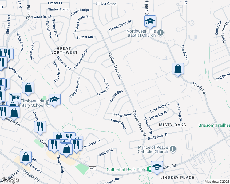 map of restaurants, bars, coffee shops, grocery stores, and more near 8431 Timber Belt in San Antonio