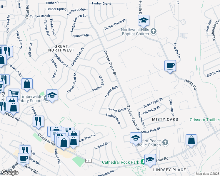 map of restaurants, bars, coffee shops, grocery stores, and more near 8431 Timber Belt in San Antonio