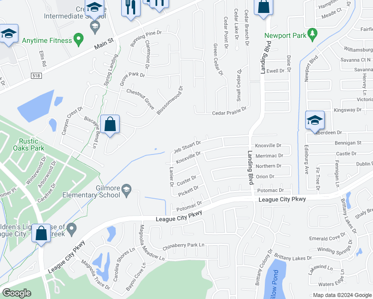 map of restaurants, bars, coffee shops, grocery stores, and more near 2803 Jeb Stuart Drive in League City