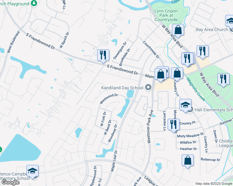 map of restaurants, bars, coffee shops, grocery stores, and more near 263 Westwood Drive in League City